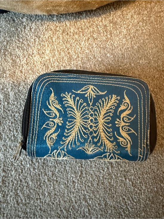Handbags - Short Embroidered Teal Zip Wallet with Gold Threading